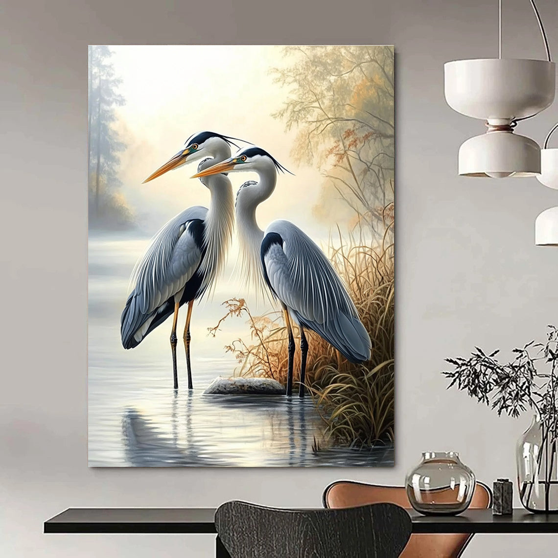 Herons by River Idyllic Abstract Painting for Nature - Loving Homes GAB1498