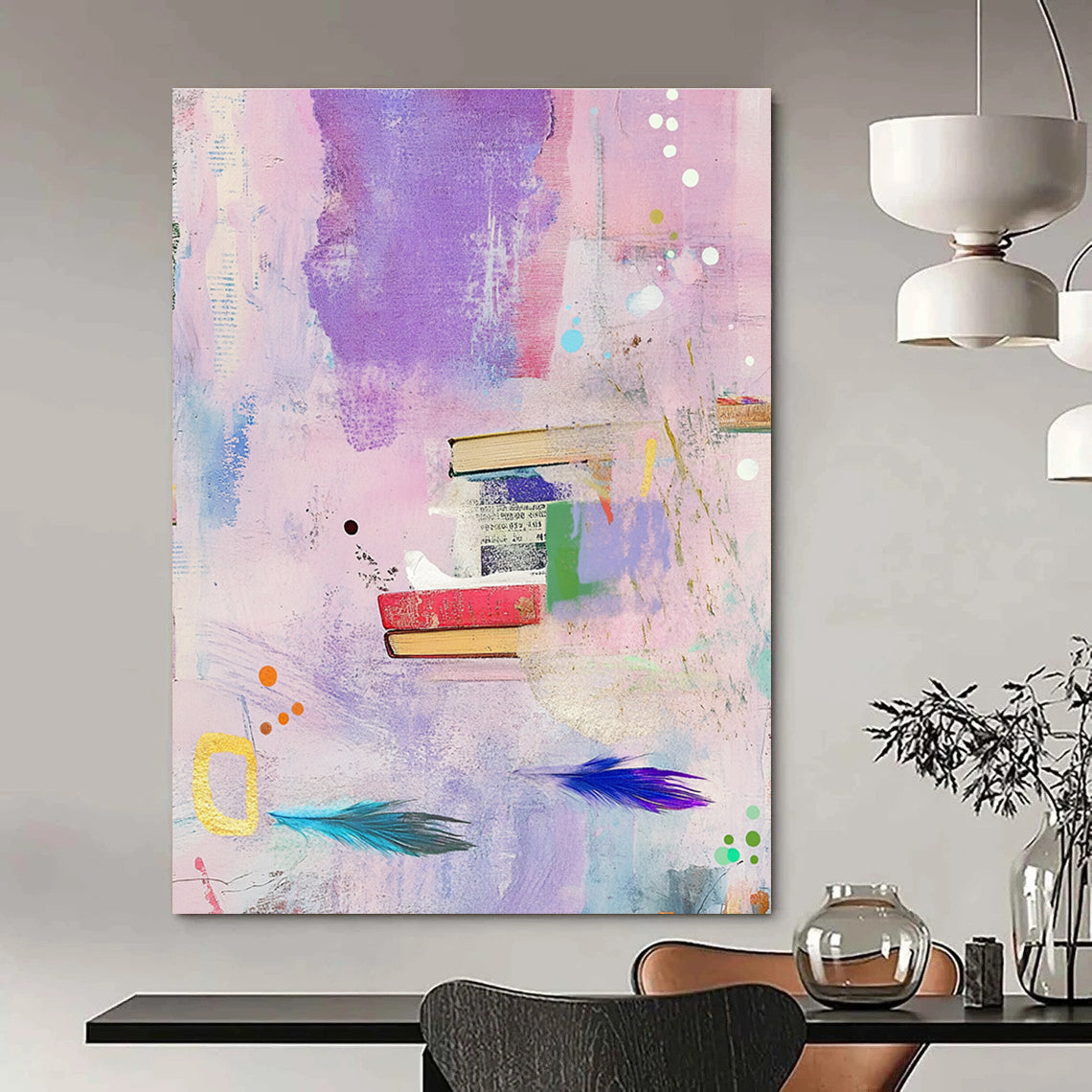 Books and Feathers Collage Abstract Painting of Intellectual Whimsy GAB0178