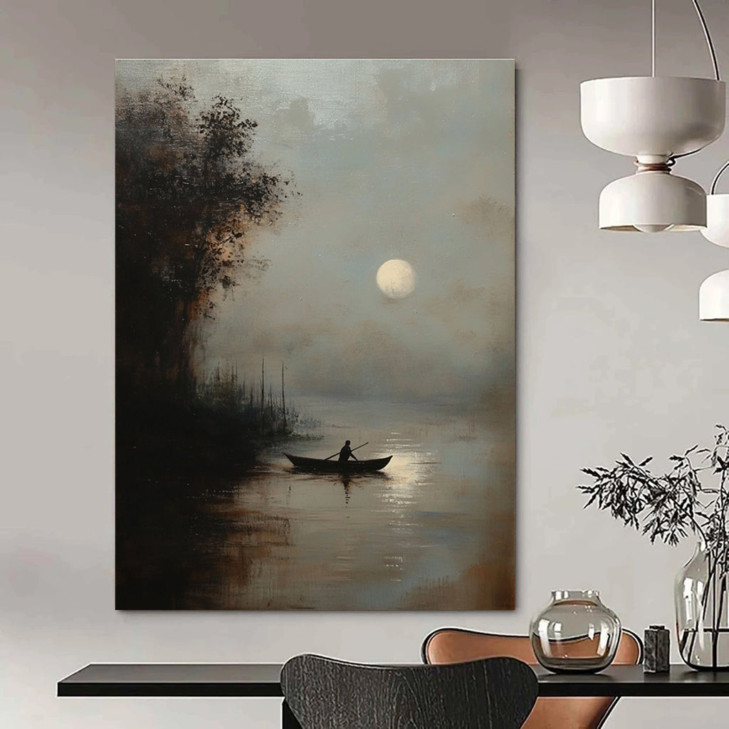 Moonlit Boat Atmospheric Abstract Painting for Rustic - Themed Inns GAB1338