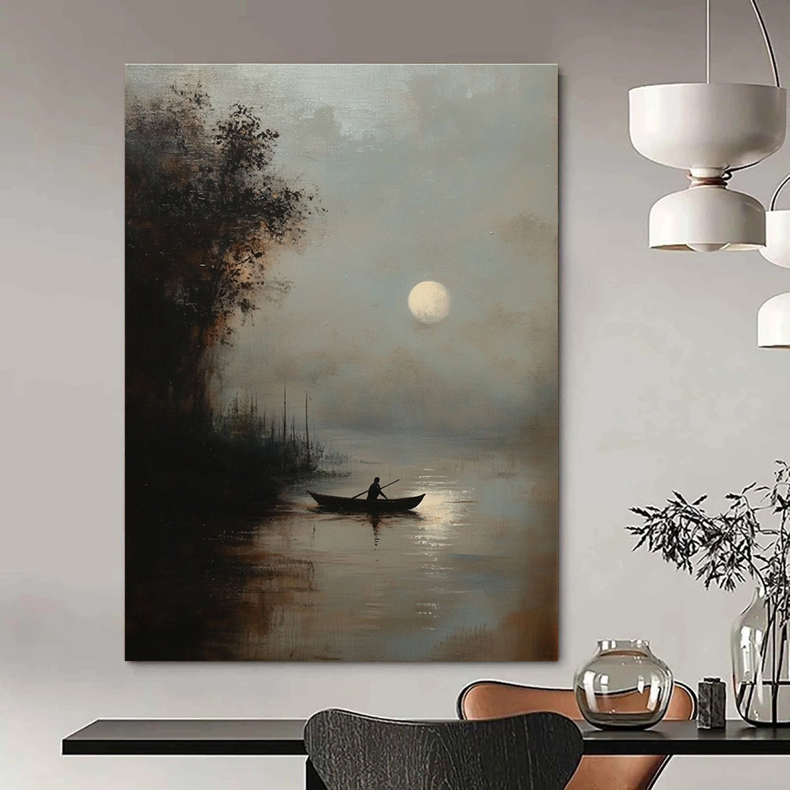Moonlit Boat Atmospheric Abstract Painting for Rustic - Themed Inns GAB1338