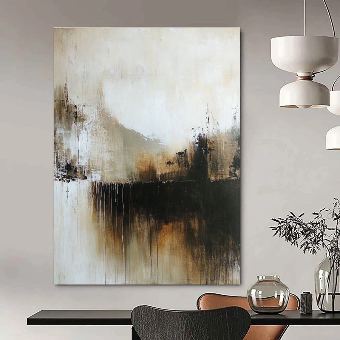 Beige and Black Drip Abstract Painting for Industrial - Styled Lofts GAB1094