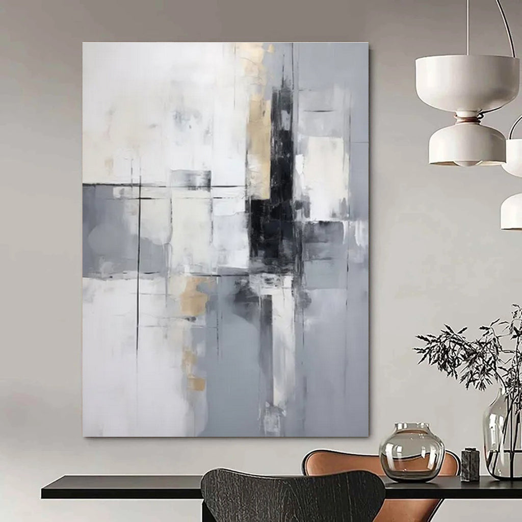 Gray - Gold - White Abstract Painting for Modern Corporate Receptions HENG138