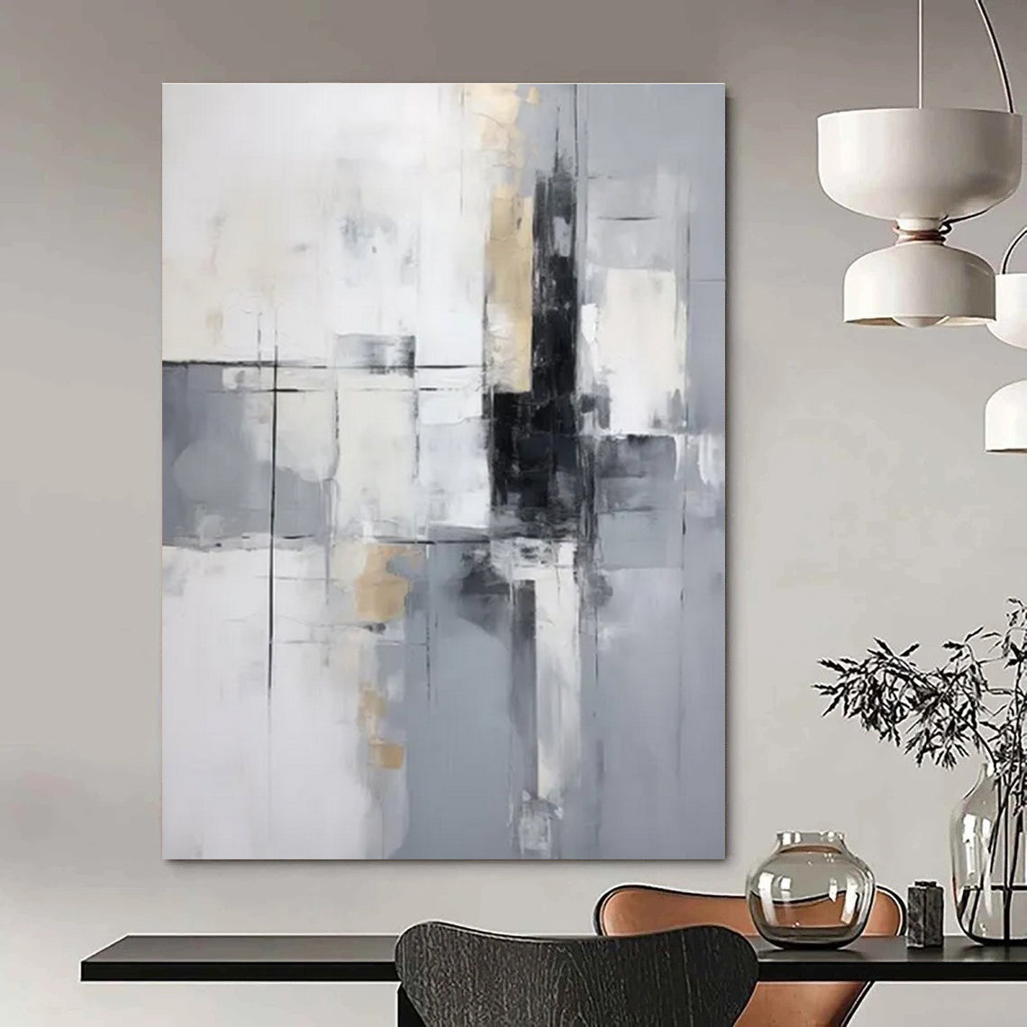 Gray - Gold - White Abstract Painting for Modern Corporate Receptions HENG138