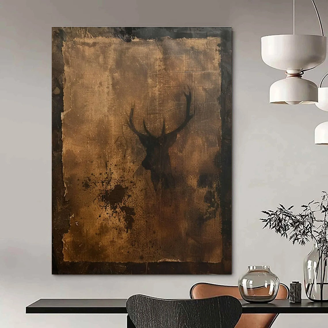 Vintage Deer Silhouette Mixed - Media Abstract Painting for Rustic - Style Cafes HENG475