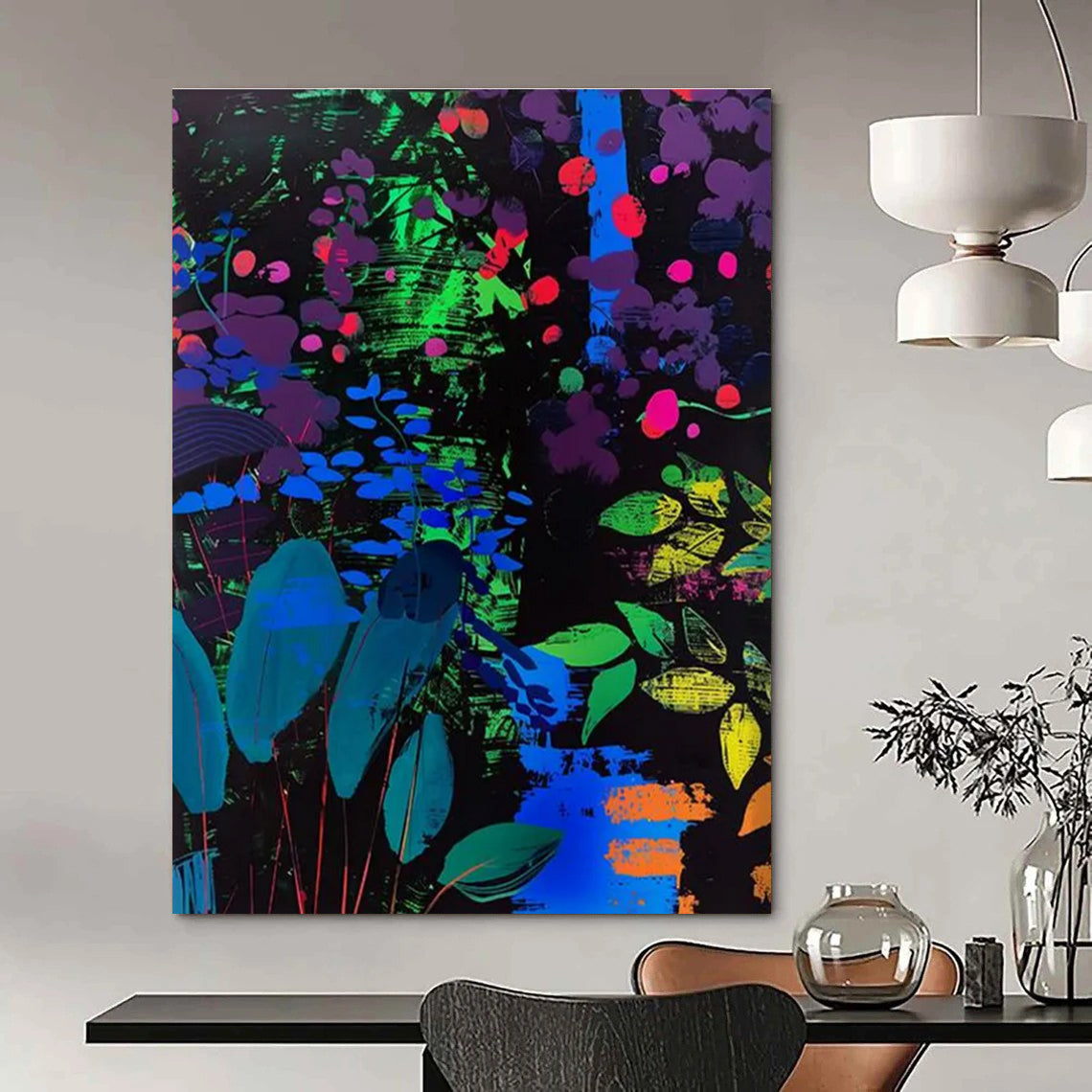 Neon Floral Night Abstract Painting for Trendy Nightclubs HENG095