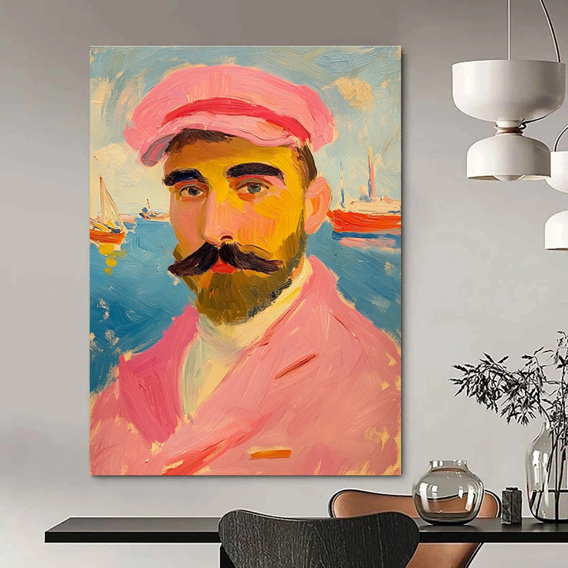 Man with Pink Hat Impressionistic Portrait Abstract Painting GAB0322