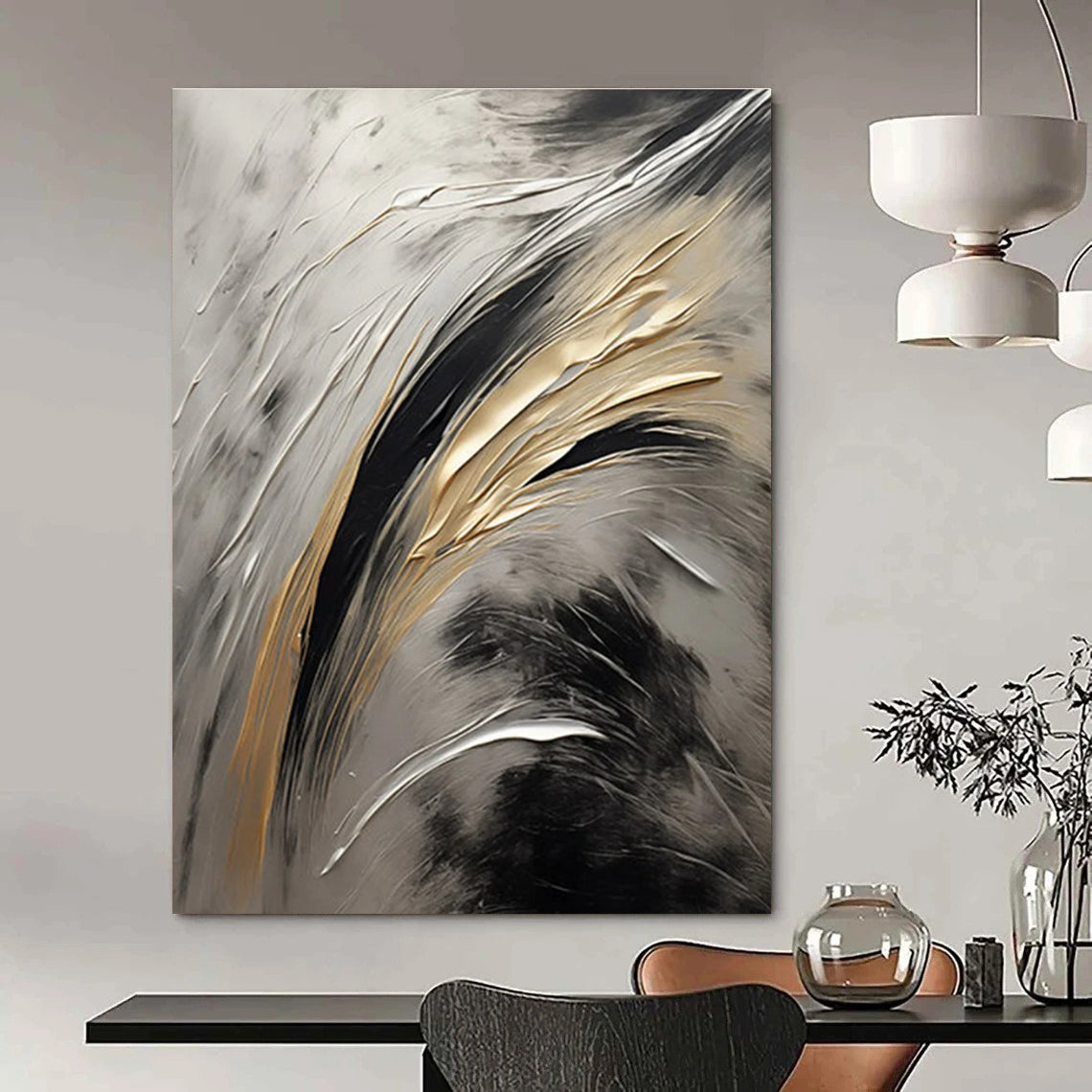 Silver - Gold - Black Abstract Painting for Luxury Home Interiors HENG126
