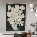 White Flowers on Black Abstract Painting for Elegant Dining Rooms HENG140