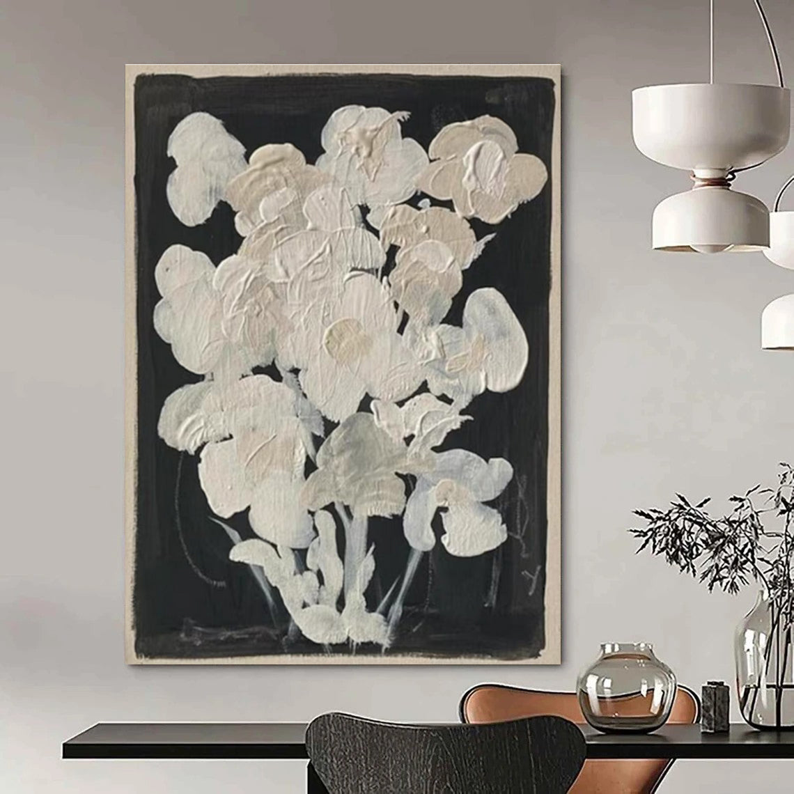 White Flowers on Black Abstract Painting for Elegant Dining Rooms HENG140