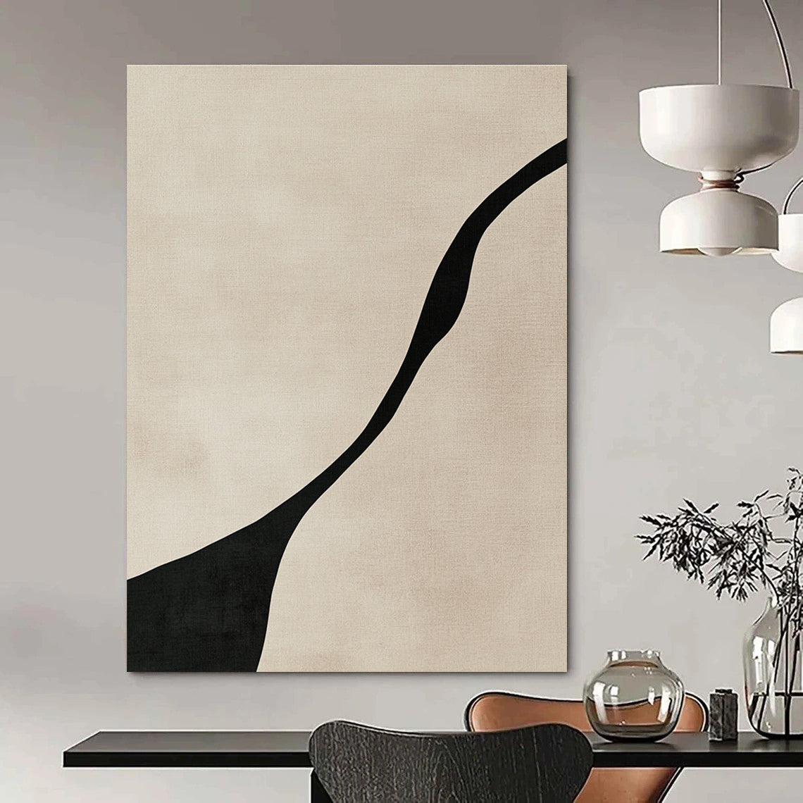 Curved Black Line Abstract Painting for Monochrome - Themed Hallways GAB1384
