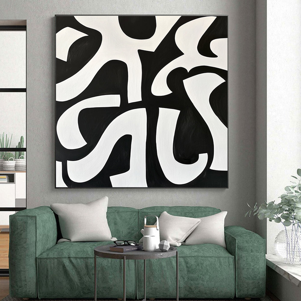 Black and White Curved Forms Abstract Painting with Dynamic Contrast WINK236