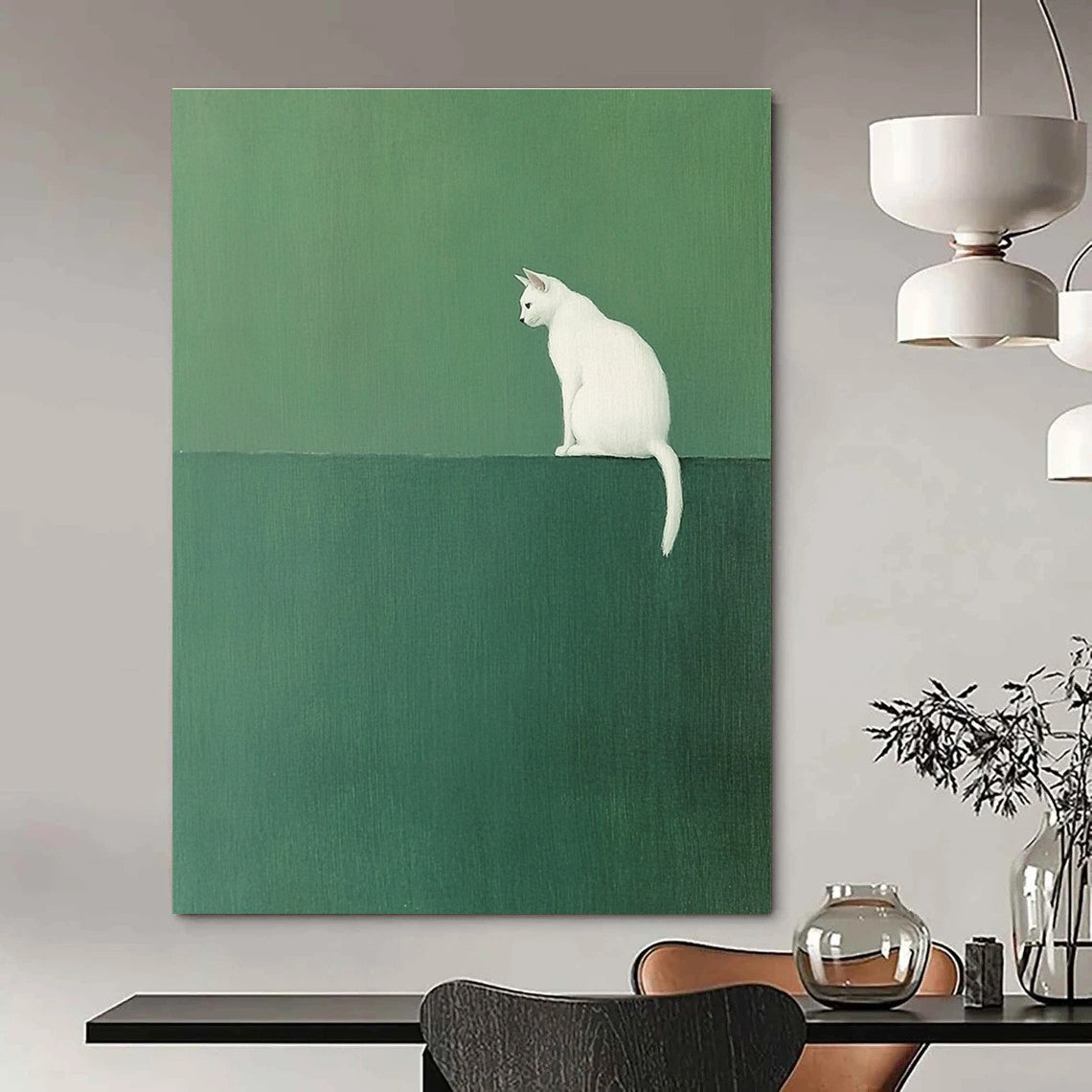 White Cat on Green - Minimalist Animal Art GAB0405