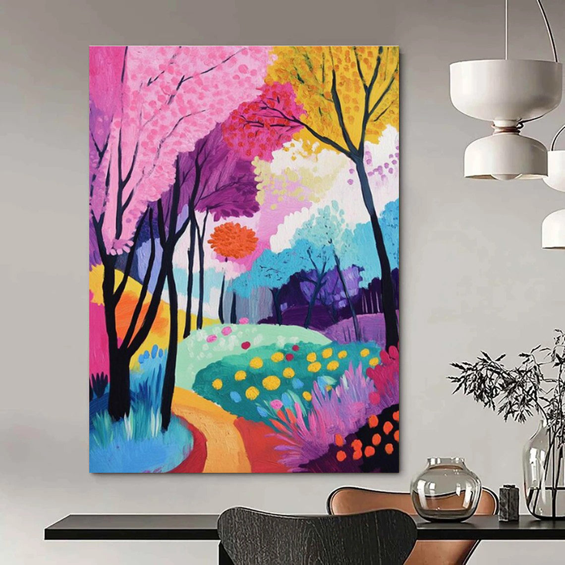 Vibrant Colorful Forest Abstract Painting for Playful Kids' Museums HENG529