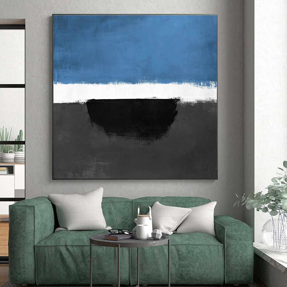 Blue Black and White Abstract Painting with Bold Contrasts WINK848