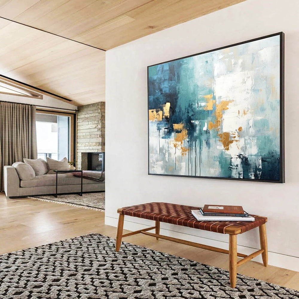 Teal - Gold Abstract Drip Painting for Contemporary Living YHT072