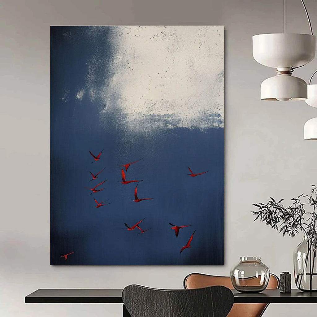 Red Birds in Blue Sky Abstract Painting for Nature - Inspired Living Rooms HENG500