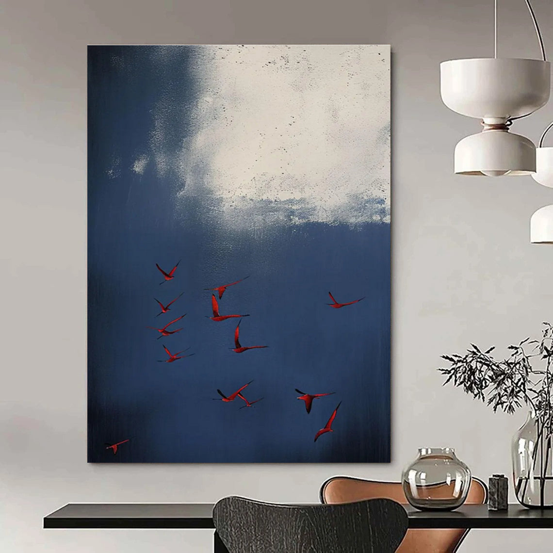 Red Birds in Blue Sky Abstract Painting for Nature - Inspired Living Rooms HENG500