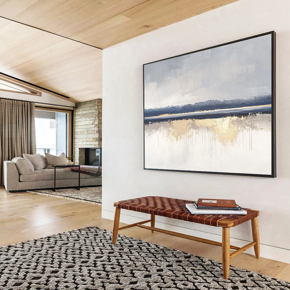 Minimalist Gray - Blue - Gold Abstract Landscape Painting ABS199