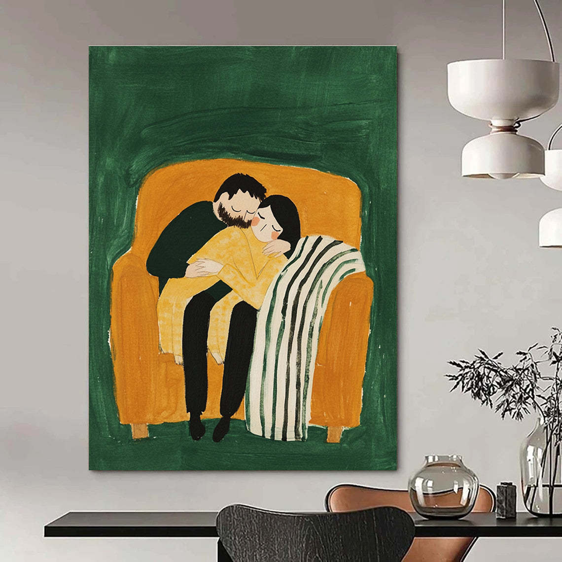 Cuddling Couple on Sofa Abstract Painting of Warm Intimacy GAB0192