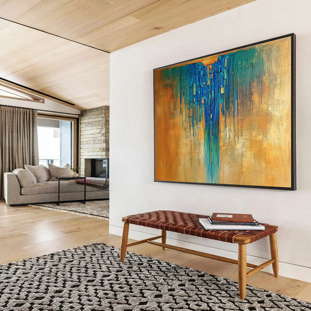 Blue - Orange Drip Abstract Painting with Rich, Textured Flow ABS498