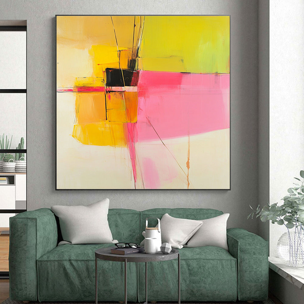 Yellow Pink Geometric Abstract Painting with Bold Contrasts WINK692
