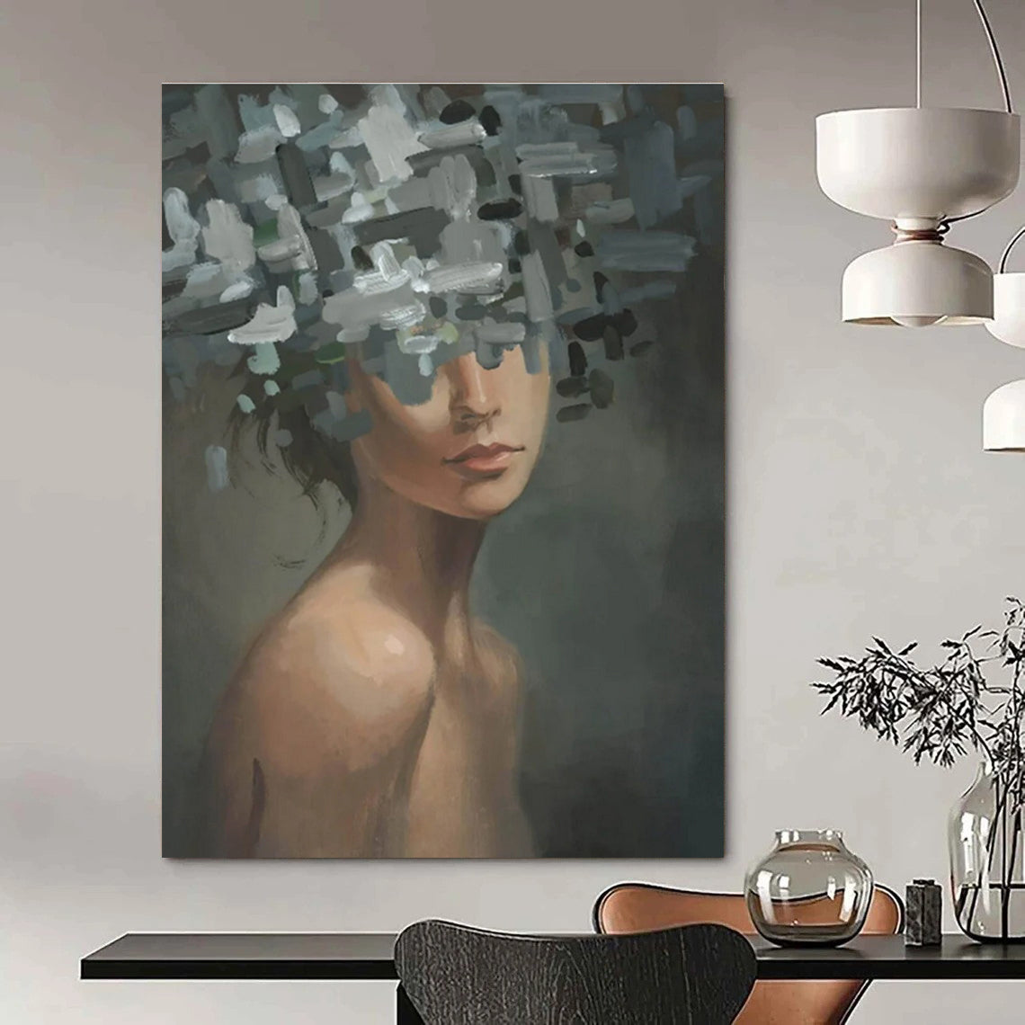 Woman with Fragmented Floral Head Painting for Thought - Provoking Spaces HENG328