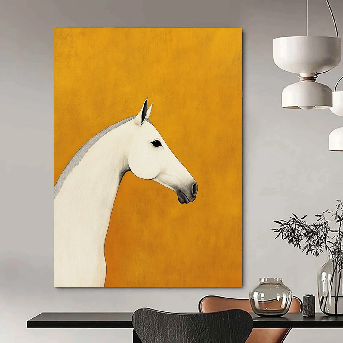 Minimalist White Horse Portrait Abstract Painting for Equestrian Lovers GAB1391