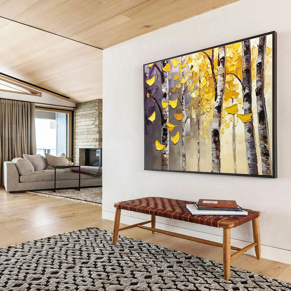 Textured Autumn Birch Trees Painting with Lush Golden Hues ABS565