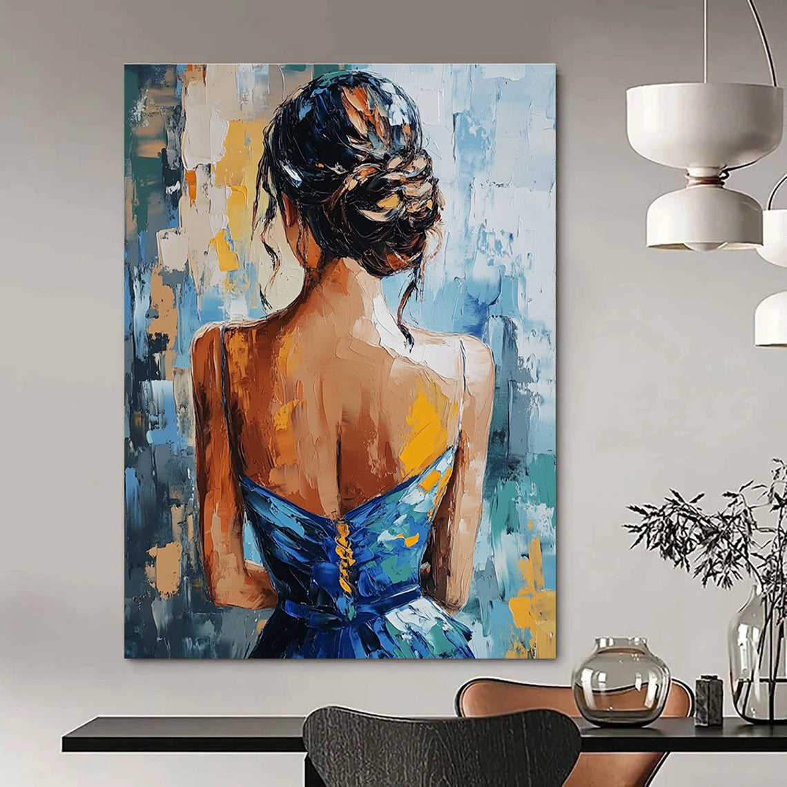 Woman in Blue Dress Abstract Painting for Elegant Dining Rooms GAB1282