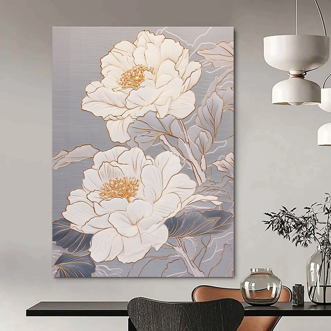 White Peonies with Gold Elegant Abstract Painting for Luxury Spaces GAB1478