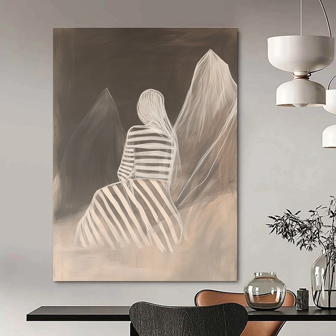 Figure Between Mountains Mysterious Abstract Painting for Thoughtful Spaces GAB1521