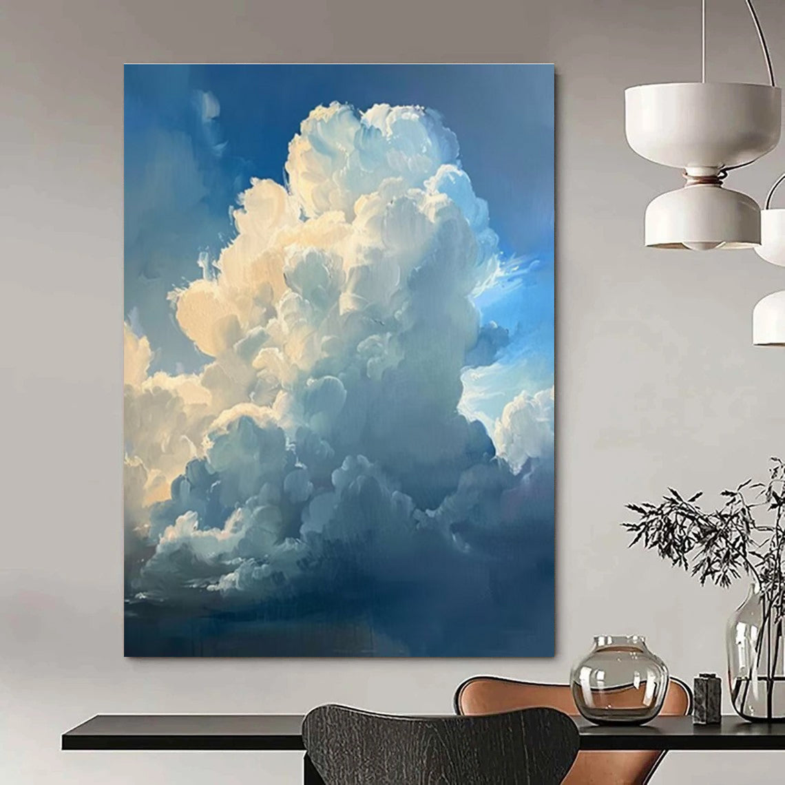 Fluffy Clouds Blue Sky Abstract Painting for Coastal Home Bedrooms HENG006