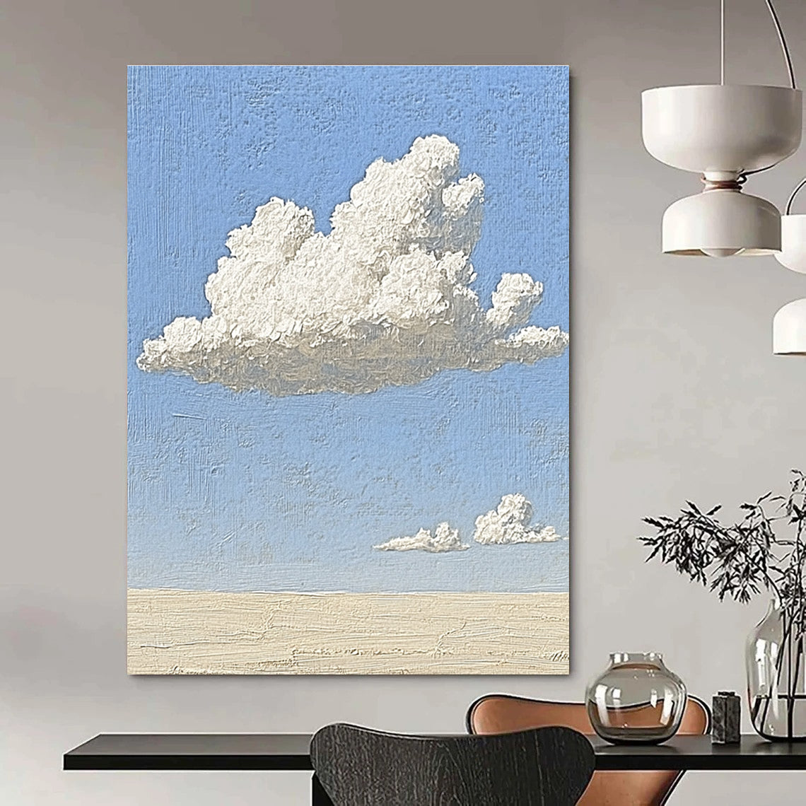 Fluffy Clouds on Blue Sky Minimalist Abstract Painting of Skyward Calm GAB0171