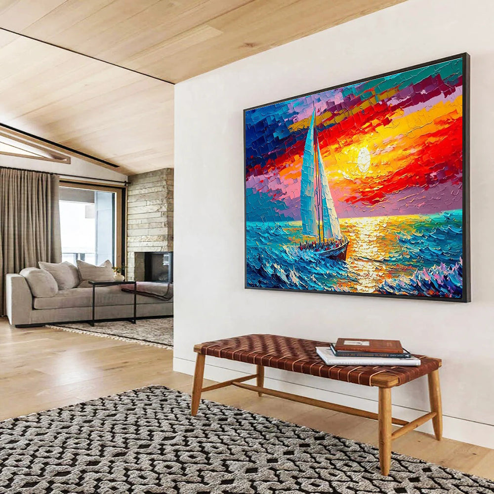 Sailboat at Sunset Abstract Painting for Nautical - Themed Living Rooms YHT312