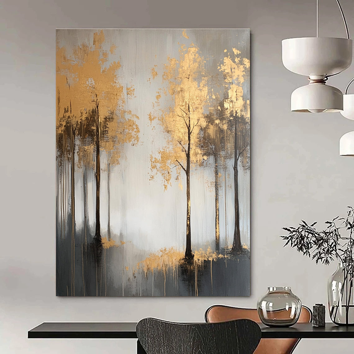 Gold Trees on Gray Elegant Abstract Landscape GAB0334
