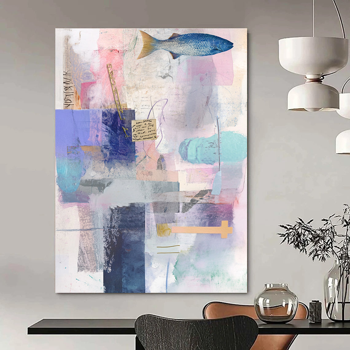 Fish and Text Collage Narrative Mixed Media Abstract Painting GAB0249