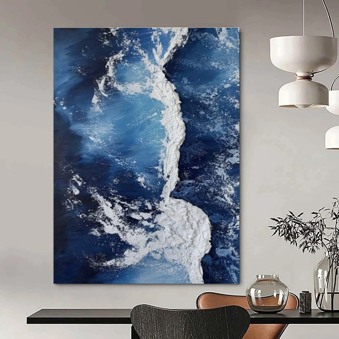 Textured Blue and White Ocean Abstract Painting for Coastal - Themed Cafes HENG335
