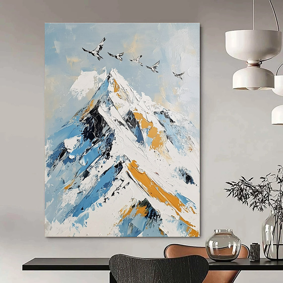 Snowy Mountain with Birds Landscape Abstract Painting for Adventure - Inspired Homes GAB1411