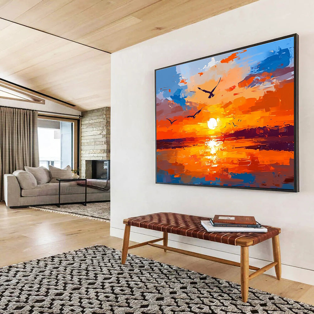 Orange Sunset Abstract Painting with Soaring Avian Energy ABS443