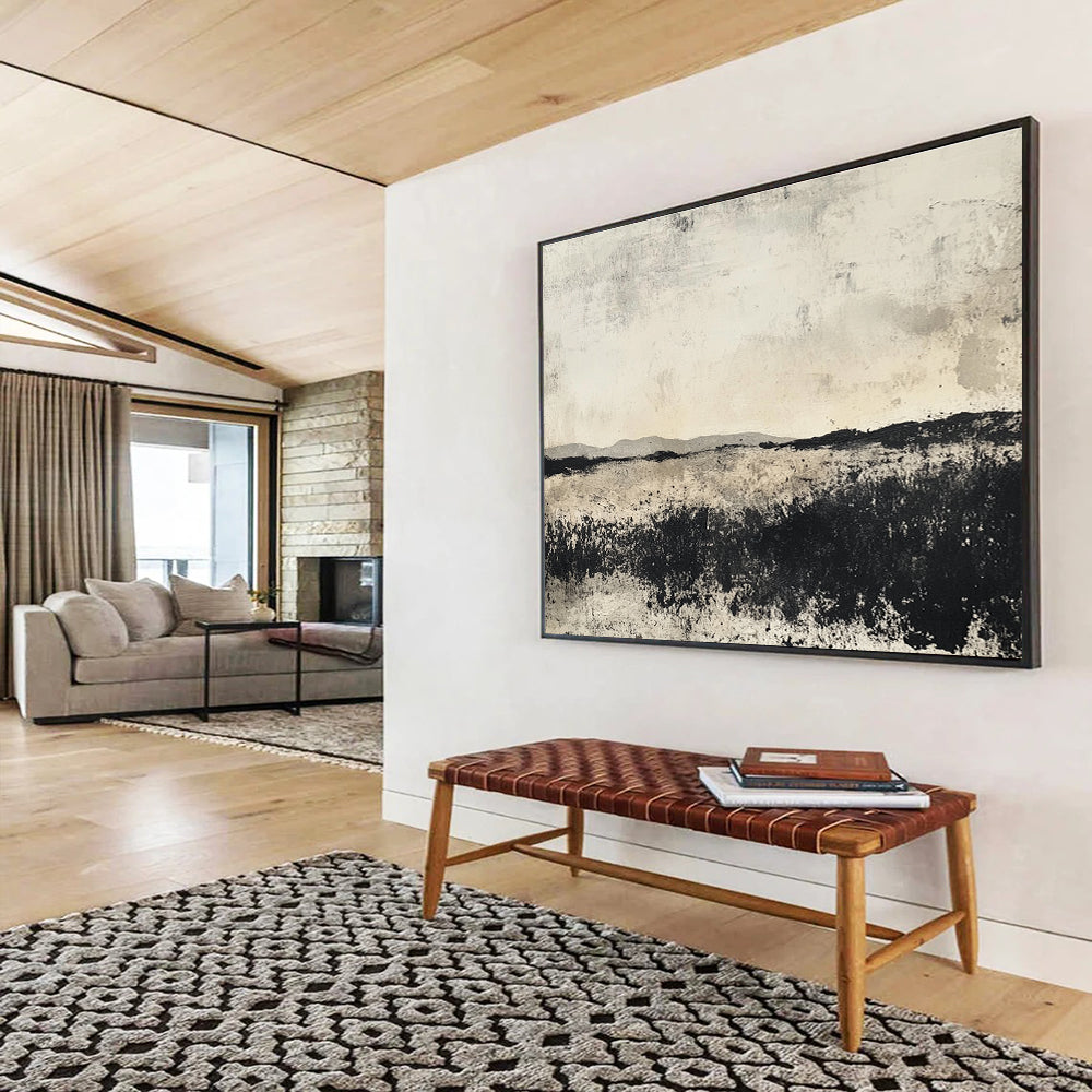 Grayscale Landscape: Textured Fields and Distant Hills Abstract Painting ABS176