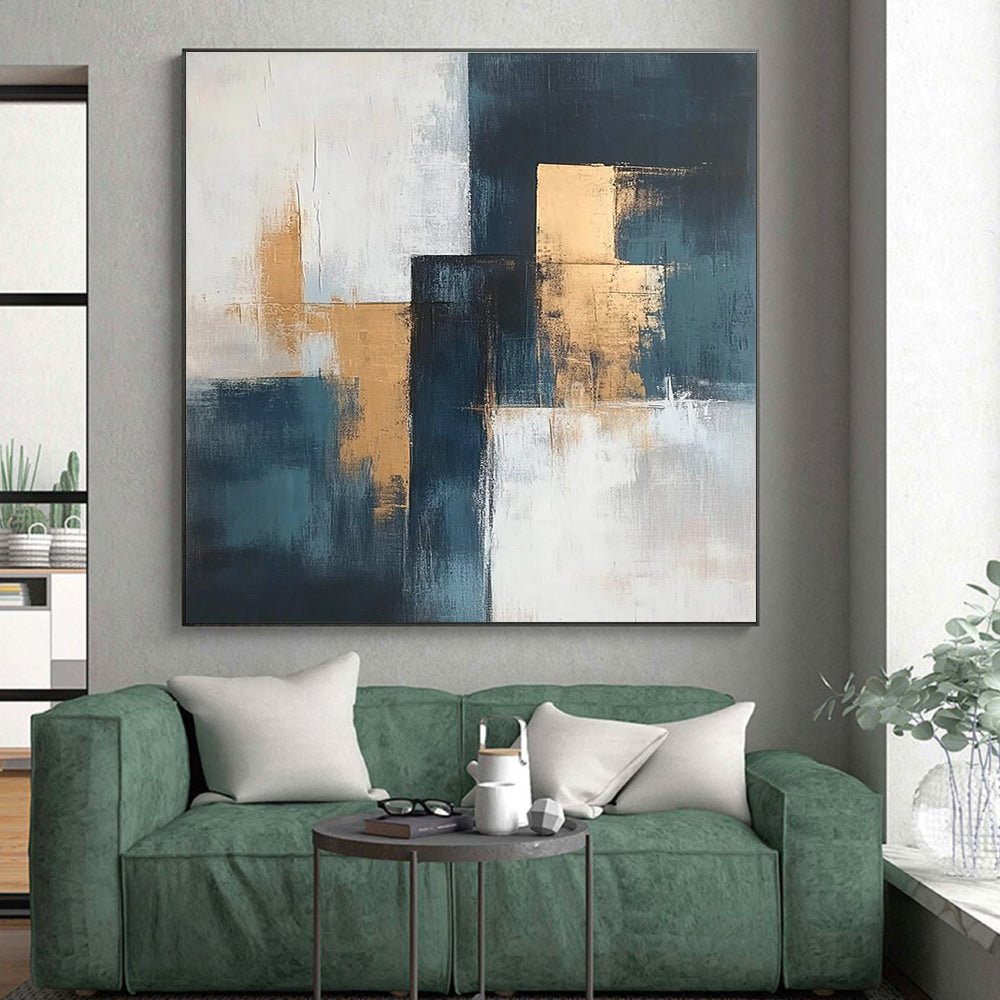 Blue - Gold - White Abstract Blocks Painting with Structured Sophistication WINK374