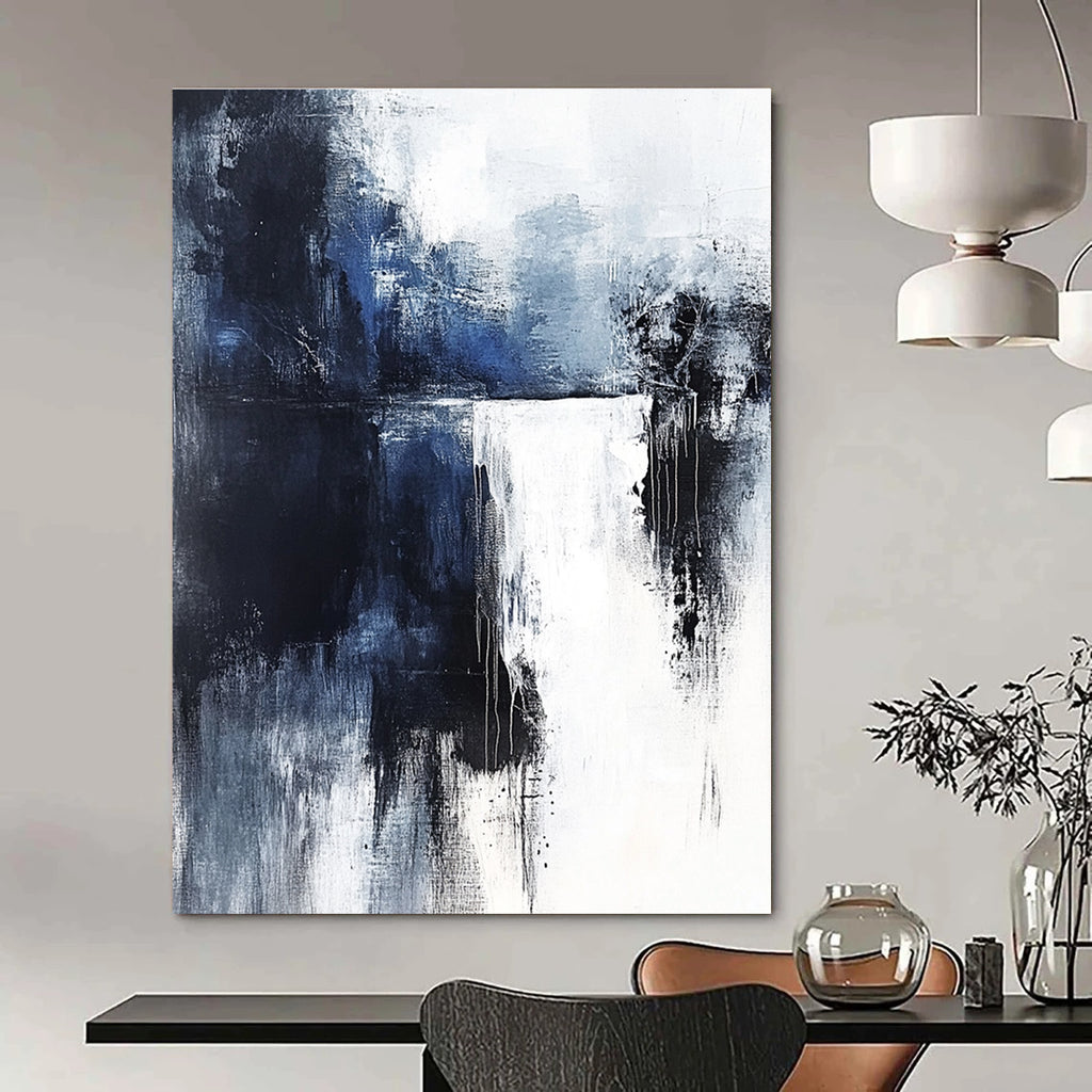 Dramatic Blue and Black Drip Abstract Painting for Bold Decor GAB0684