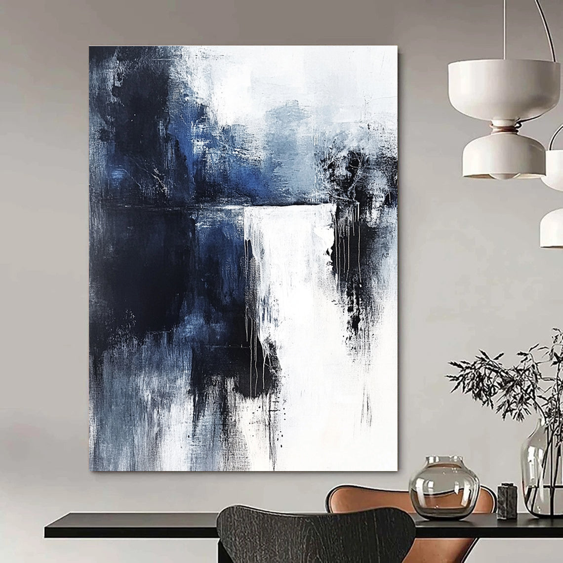 Dramatic Blue and Black Drip Abstract Painting for Bold Decor GAB0684