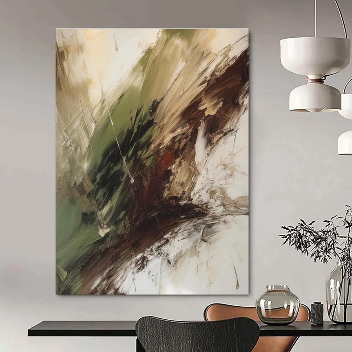 Green - Brown - White Abstract Painting for Nature - Lover Living Rooms HENG118