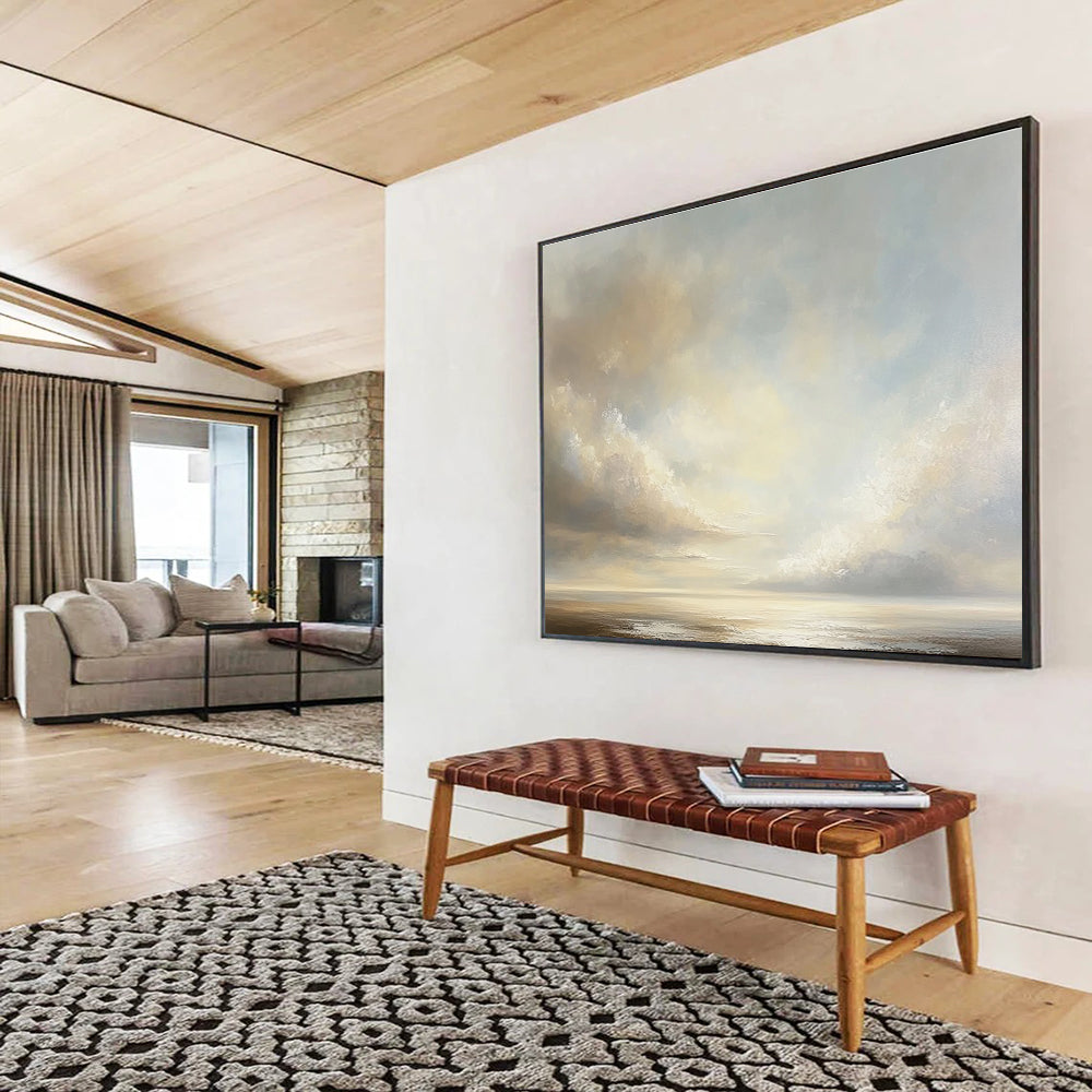 Light - Hued Sky and Sea: Tranquil Coastal Atmosphere Captured Abstract Painting ABS151