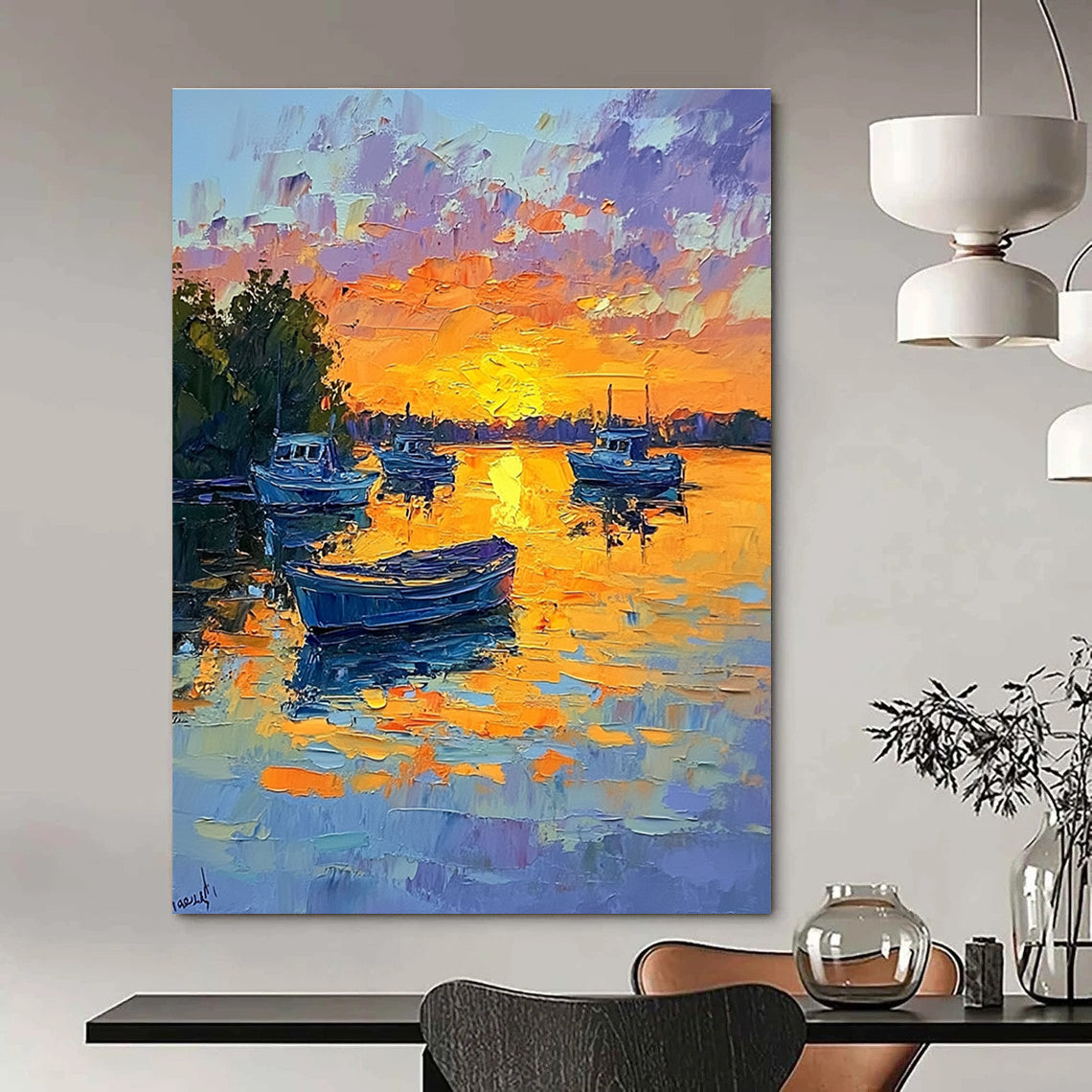 Sunset Boats on the Lake Impressionistic Abstract Painting for Relaxing Spaces GAB1434
