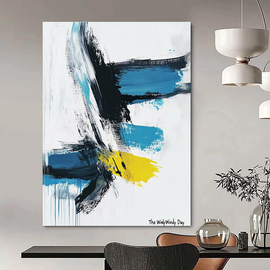 Dynamic Blue and Yellow Abstract Painting of Vivid Motion GAB0206