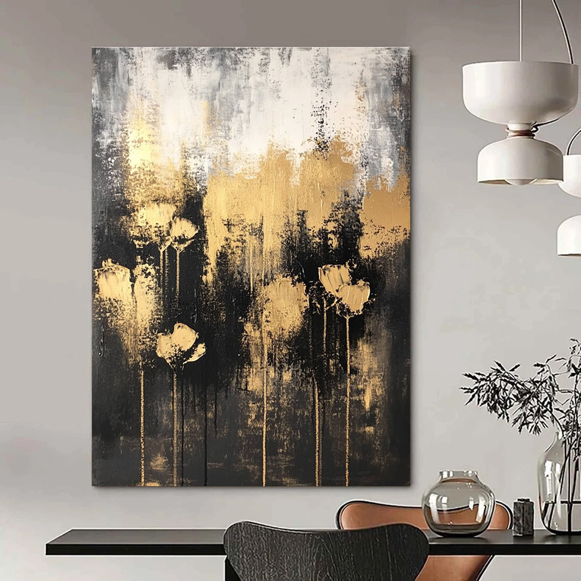 Dark - Toned Abstract Flower Painting with Golden Blooms GAB0667