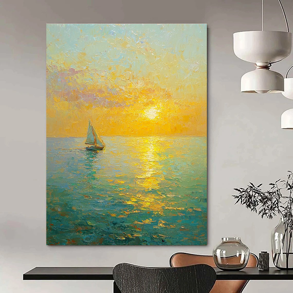 Sailboat Sunset Impressionistic Abstract Painting for Nautical - Themed Cafes GAB1334