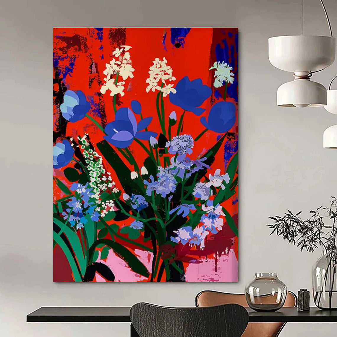 Blue and White Blooms Abstract Painting for Elegant Dining Spaces HENG101